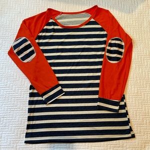 Blue and White Striped Long Sleeve Tee with Coral Sleeves Size XL